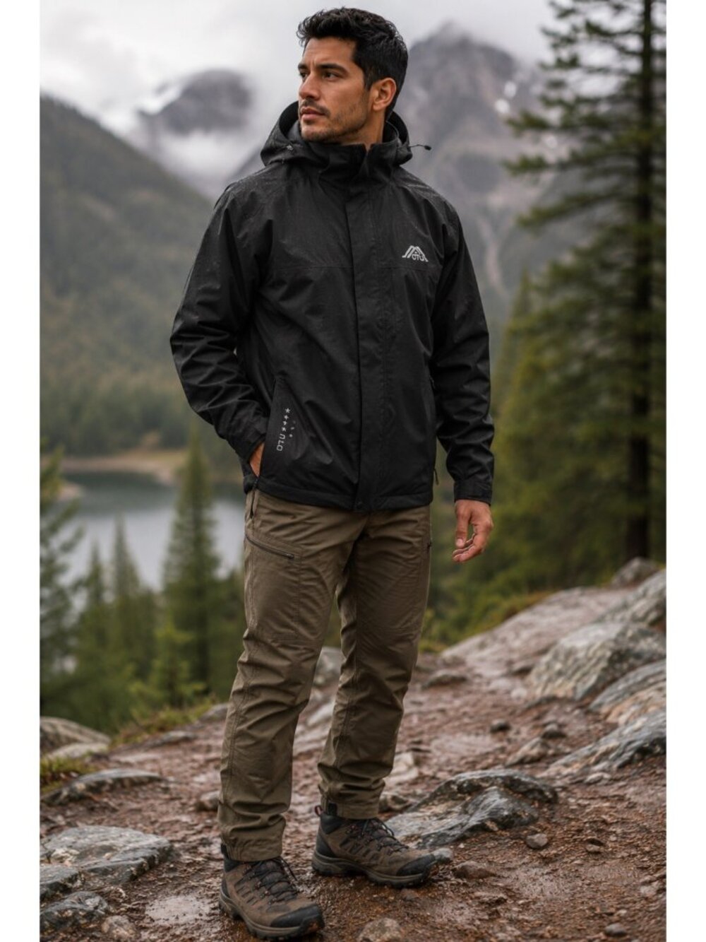 OTU Men’s Waterproof Hooded Rain Jacket Black Full Zip Outdoor Hiking Size M